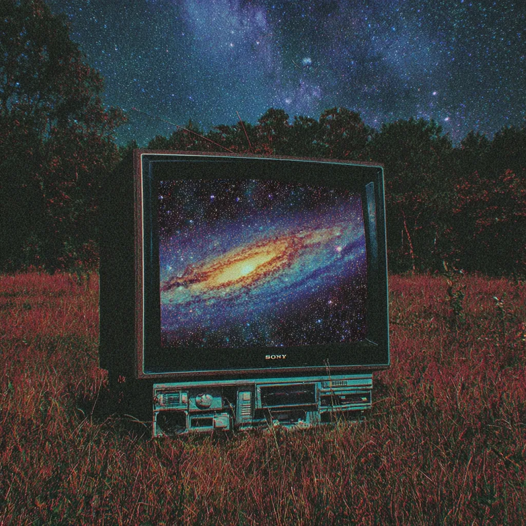A vintage Sony television sits in a field under a starlit night sky.  The screen displays a vibrant nebula, a cosmic scene mirroring the celestial expanse above.  The juxtaposition of the retro technology with the vastness of space creates a surreal, dreamlike atmosphere.  The image has a grainy, nostalgic quality, enhancing its otherworldly feel.