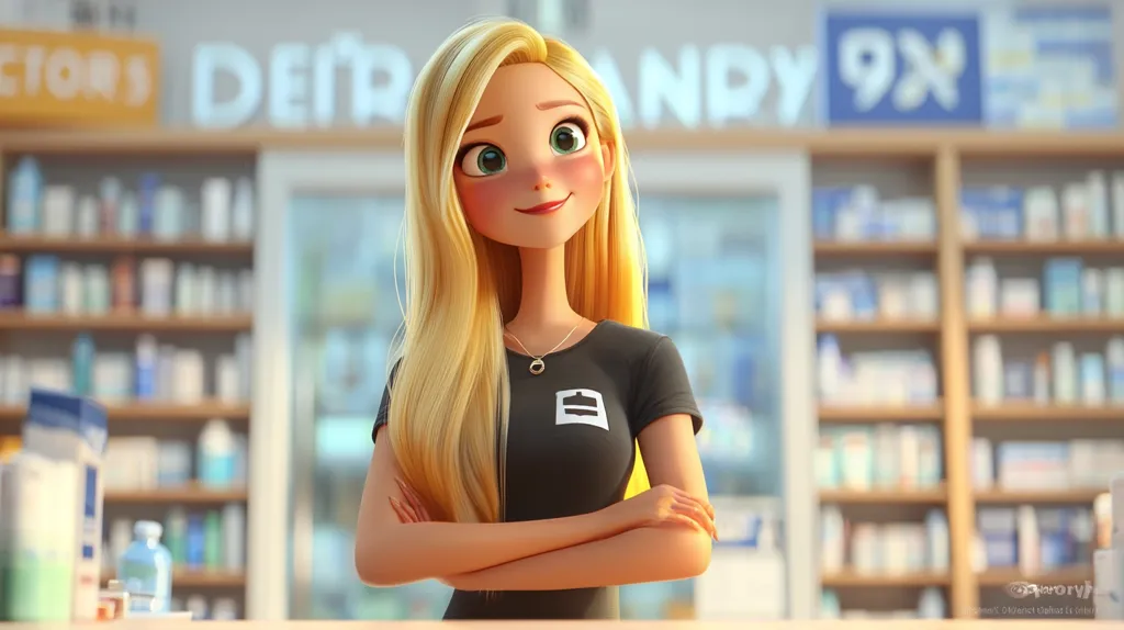 A charming, stylized blonde woman stands with her arms crossed in a pharmacy.  She has large, expressive eyes and a friendly smile.  Her long hair cascades down her shoulders. She wears a black t-shirt with a small, indistinct logo.  The background is softly blurred, showcasing rows of shelves stocked with various medications and products. The overall style is reminiscent of 3D animation.