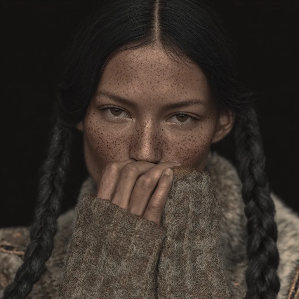 Close-up portrait of a young woman with dark hair styled in two braids.  Her face is speckled with freckles, and she is partially covering her mouth with her hands, which are wrapped in a textured, brown sweater. The background is dark and blurred, focusing attention on her expressive face.  The overall mood is contemplative and slightly mysterious.