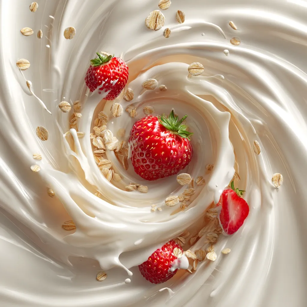 A swirling vortex of creamy white yogurt is adorned with fresh, ripe strawberries and scattered oatmeal flakes. The vibrant red strawberries contrast beautifully against the smooth, white backdrop, creating a visually appealing and appetizing image.  The dynamic splash of yogurt suggests a refreshing and delicious texture.