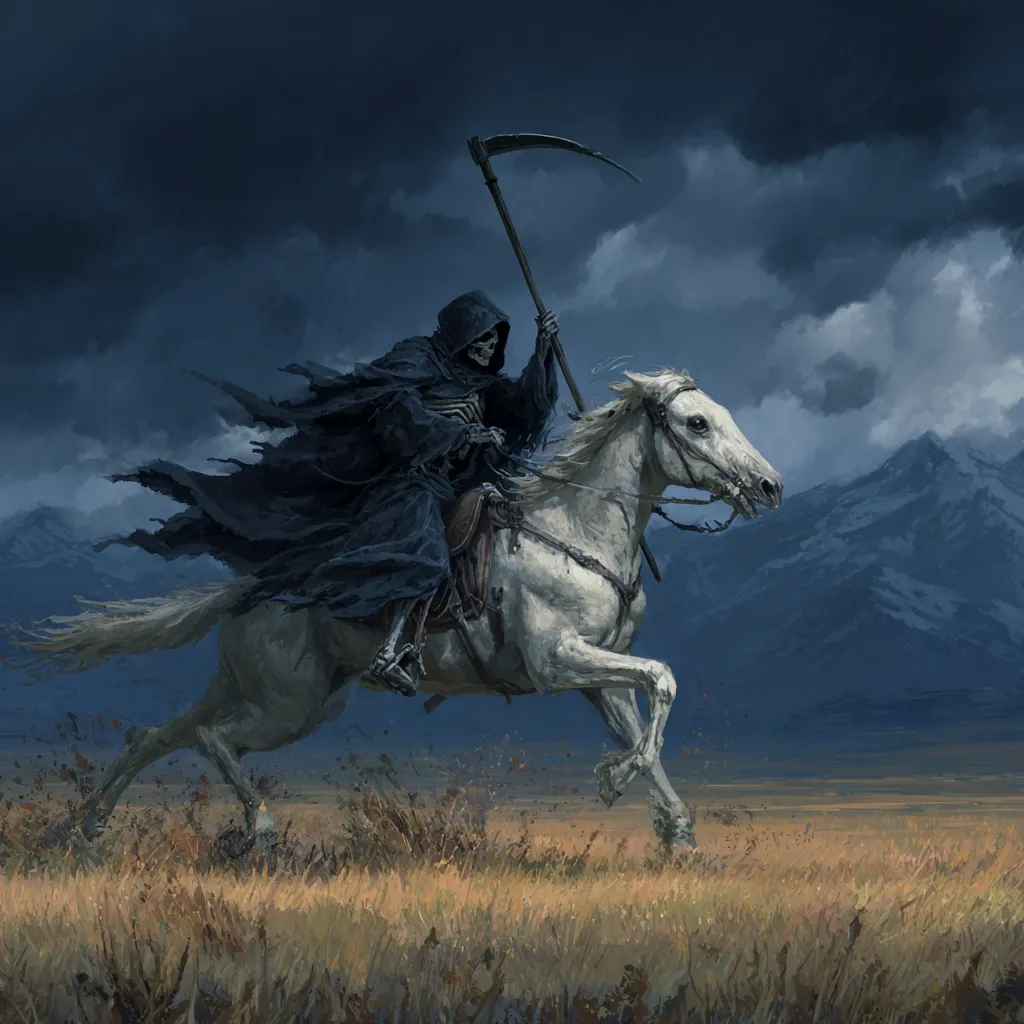 A skeletal figure, cloaked in dark robes and wielding a scythe, rides a white horse across a desolate, golden field.  A stormy sky looms overhead, creating a dramatic and ominous atmosphere.  Mountains rise in the distance under the brooding clouds, enhancing the scene's sense of foreboding. The image evokes classic depictions of Death as a powerful and inevitable force.