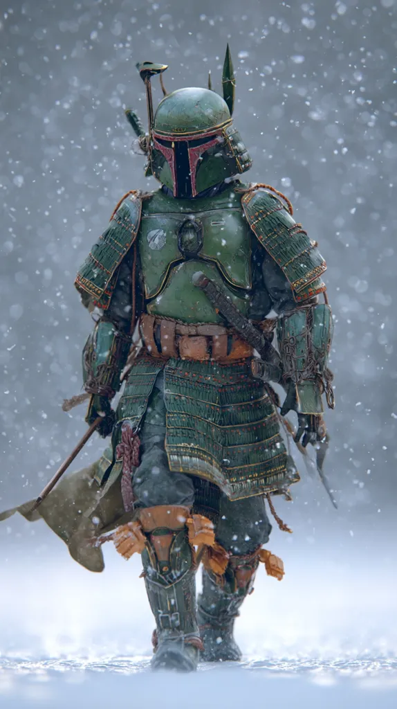 A Boba Fett figure, meticulously crafted in the style of a samurai, strides through a snowy landscape.  The figure's armor is a blend of Mandalorian and Japanese aesthetics, featuring intricate details and a weathered green finish.  Snow falls gently around him, enhancing the dramatic scene.  The image evokes a sense of solitude and strength, a fusion of iconic sci-fi and ancient warrior cultures.