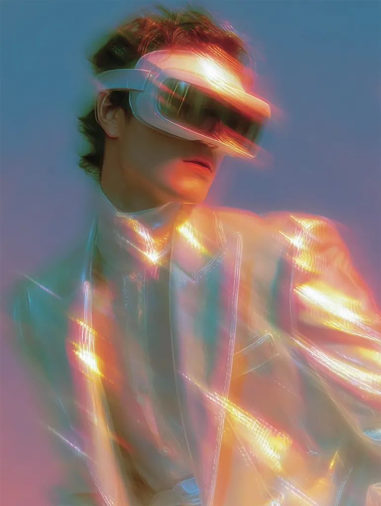 A stylized portrait of a person wearing a futuristic white headset and an iridescent, translucent jacket. The image is heavily saturated with vibrant, warm and cool tones, creating a dreamy, ethereal atmosphere.  The subject's expression is serene, gazing towards the viewer, hinting at a connection to a virtual or augmented reality. The overall aesthetic evokes a sense of technological advancement and otherworldly beauty.