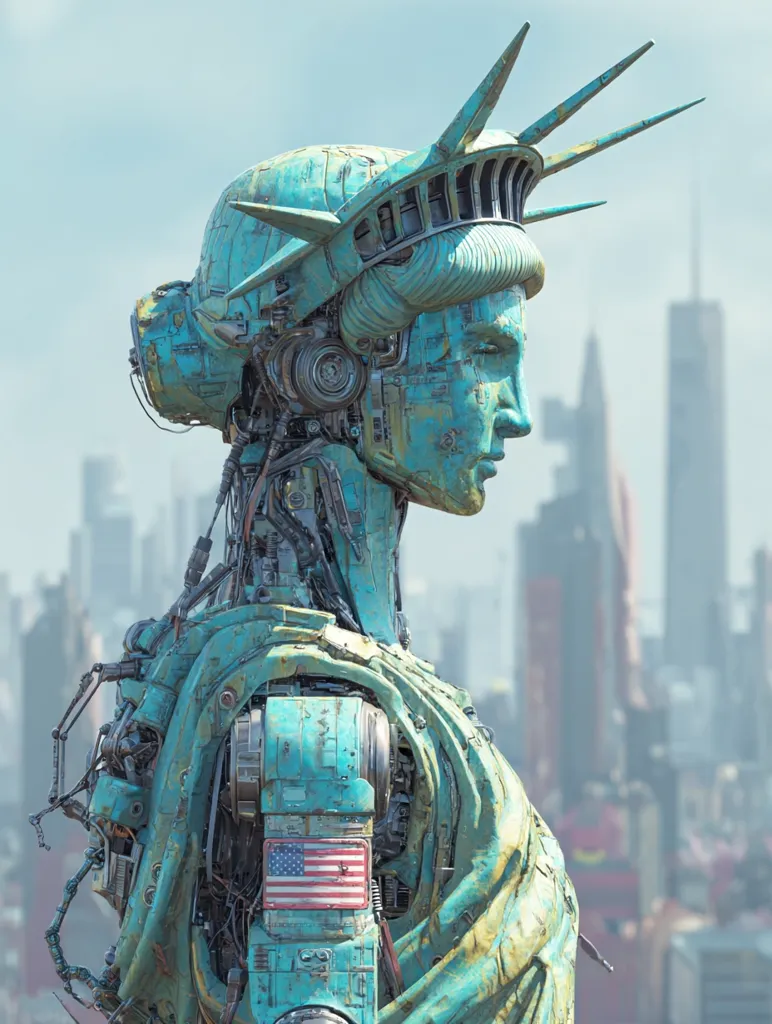 A weathered, teal robotic rendition of the Statue of Liberty stands against a futuristic city skyline.  Its exposed mechanical components are visible, with an American flag affixed to its torso. The statue's face is serene, yet its robotic nature suggests a post-apocalyptic or dystopian setting.  The image blends iconic American imagery with a technologically advanced, possibly damaged, future.