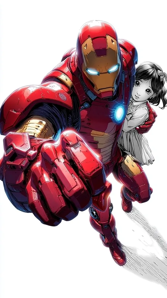 Iron Man, in his iconic red and gold armor, is depicted in a dynamic pose, his fist thrust forward.  A small, grayscale girl is clinging to his back, suggesting a protective, almost fatherly relationship. The style is comic book-inspired, with dynamic lines and a focus on action and emotion.  The contrast between the vibrant Iron Man and the softer girl creates a compelling visual narrative.