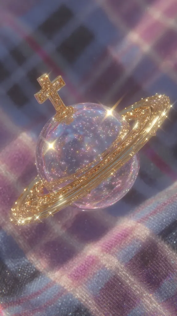 A sparkly, ethereal image depicts a gold, ornate cross atop a glass orb encircled by a gold ring, resembling a planetary system.  The scene is bathed in soft purple and pink hues, creating a dreamy, celestial aesthetic. The object rests on a similarly pastel-colored textured fabric, adding to the overall whimsical and dreamy feel.  The lighting enhances the glittering effect, emphasizing the luxurious and fantastical nature of the piece.