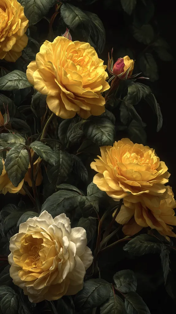 A close-up shot reveals a cluster of lush, yellow roses, their velvety petals softly illuminated against a dark backdrop.  The deep green foliage provides a striking contrast to the vibrant blooms.  One rose displays a subtle off-white hue, adding depth to the image's rich color palette.  The overall effect is one of opulent beauty and natural elegance.