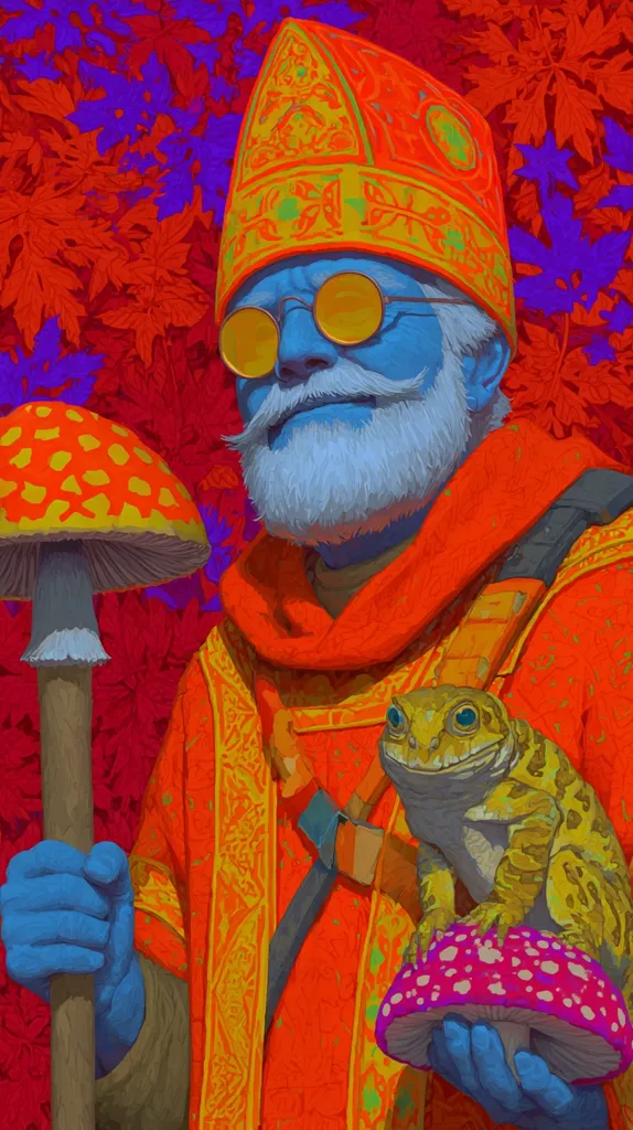A vibrant digital painting depicts a blue-skinned man, wearing a bright orange bishop's robe and mitre, holding a large red and yellow mushroom.  He has gold-rimmed glasses and a white beard.  A friendly-looking toad sits on a smaller pink mushroom in his other hand. The background is a tapestry of red and purple leaves, creating a surreal and whimsical scene. The overall style is bold and stylized, employing contrasting colors and textures.