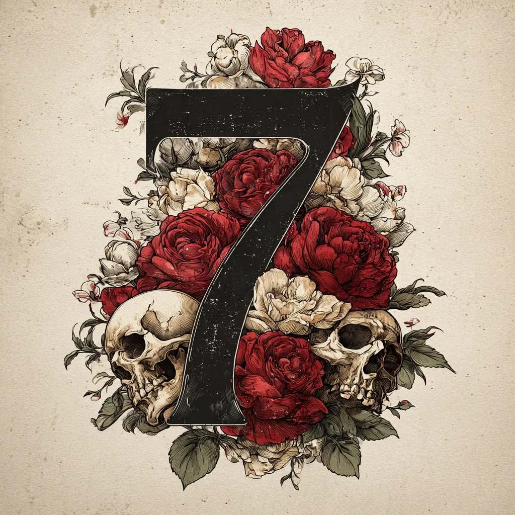 A stylized illustration of the number seven, rendered in a dark, textured font.  The numeral is surrounded by a lush arrangement of crimson and cream roses, detailed with meticulous shading.  Two human skulls are subtly incorporated into the floral design, adding a touch of macabre to the romantic aesthetic. The overall style evokes a vintage or antique feel, perhaps referencing a gothic or Victorian style.