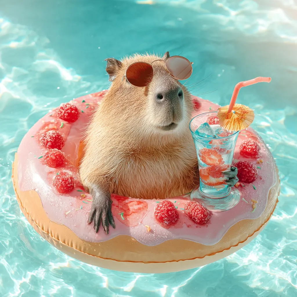 A capybara, wearing sunglasses, relaxes in a donut-shaped pool float.  It holds a refreshing strawberry drink with a straw and umbrella garnish. The capybara is surrounded by turquoise pool water, enjoying a summer day in style.  The float is decorated with pink icing and raspberries.