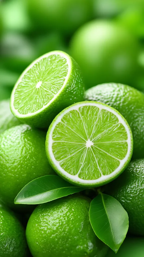 A close-up shot showcases a vibrant cluster of limes, their bright green skins glistening.  Two limes are halved, revealing their juicy, segmented interiors. Lush green leaves peek out from between the limes, adding to the fresh, natural aesthetic. The image emphasizes the limes' texture and color, creating a visually appealing and appetizing scene.