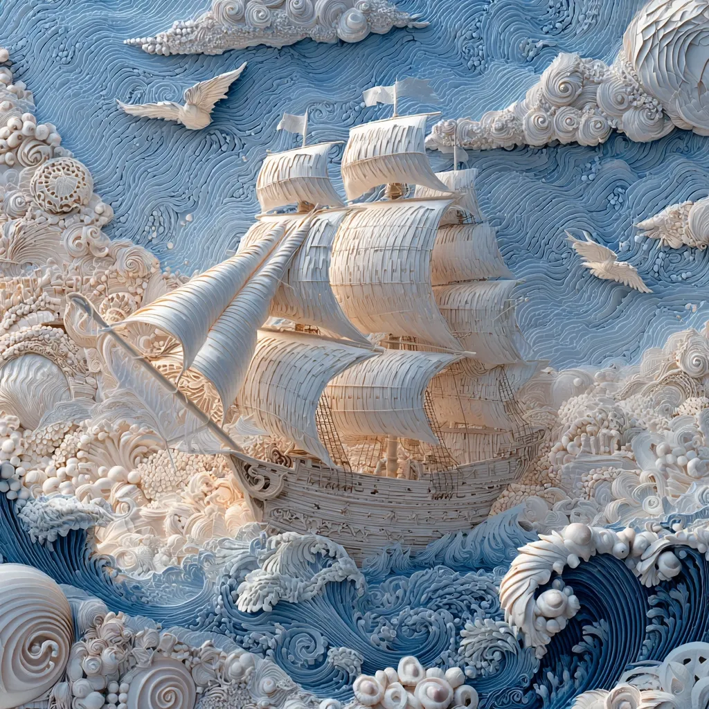 A meticulously crafted paper relief depicts a three-masted sailing ship navigating turbulent waves.  The ship, rendered in off-white, contrasts with the blue-grey ocean, intricately sculpted with swirling patterns and stylized waves.  Delicate white birds are in flight, adding to the sense of movement and scale. The artwork showcases impressive detail and texture, creating a visually stunning maritime scene.