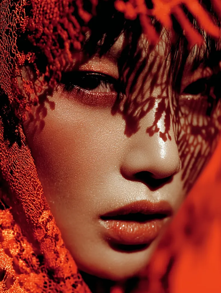 A close-up portrait of a woman partially obscured by a vibrant red lace veil.  Her face is subtly highlighted, emphasizing her eyes and lips. The red tones create a dramatic and sensual atmosphere. The lace casts shadows on her skin, adding texture and intrigue to the image. The overall effect is one of mystery and beauty.