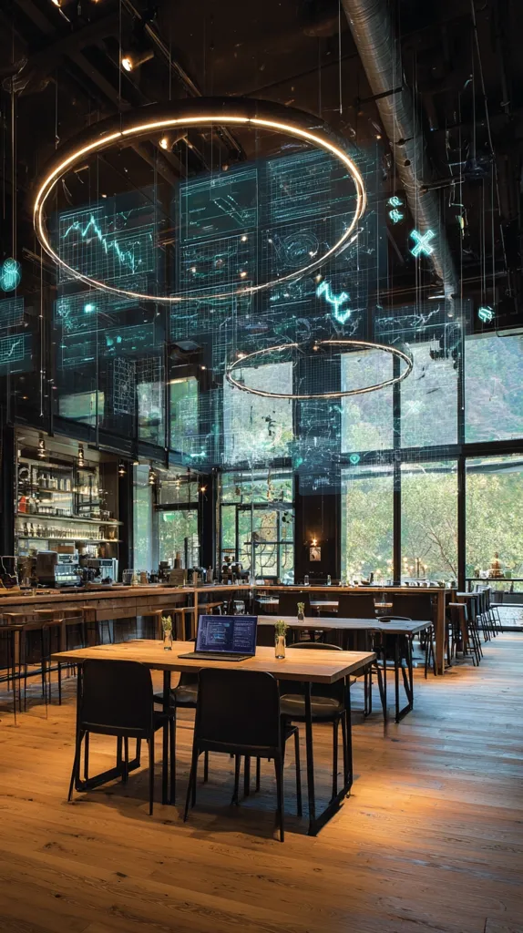 A modern restaurant interior features large windows overlooking lush greenery.  Suspended from the high ceiling are two illuminated circular rings displaying dynamic data visualizations. Tables and chairs are arranged throughout the space, with a laptop positioned on one table. The overall atmosphere is sleek and technologically advanced, blending natural light with digital displays.  A bar is visible in the background.