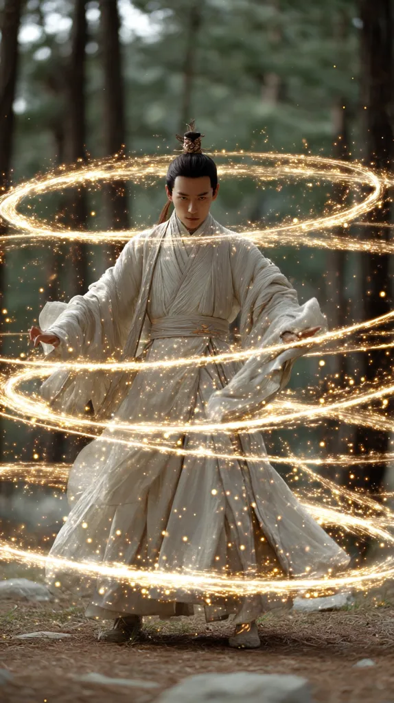 A man in flowing, light beige robes stands amidst swirling golden light in a forest.  His hair is styled in a traditional topknot. He appears serene and powerful, possibly a mystical figure or sorcerer.  The ethereal glow enhances the mystical atmosphere, suggesting magical abilities or a spiritual connection. The image has a cinematic, fantasy feel.