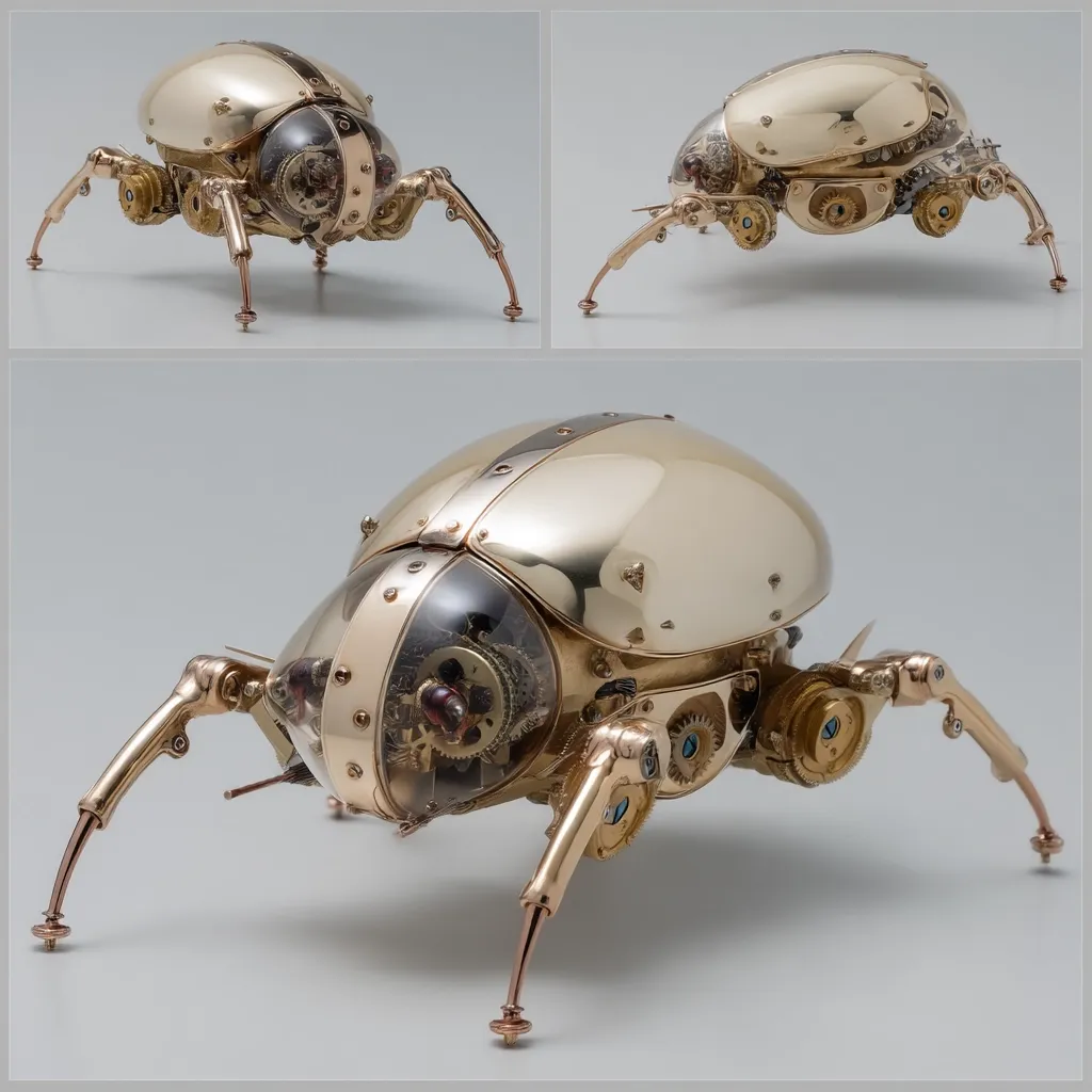 A meticulously crafted steampunk beetle model is showcased in a three-angle view.  The polished gold-toned metal body reveals intricate clockwork gears and mechanisms through transparent sections.  Six articulated legs, crafted with the same detail, support the body.  The overall aesthetic suggests a blend of artistry and engineering, evoking a sense of wonder and precision.