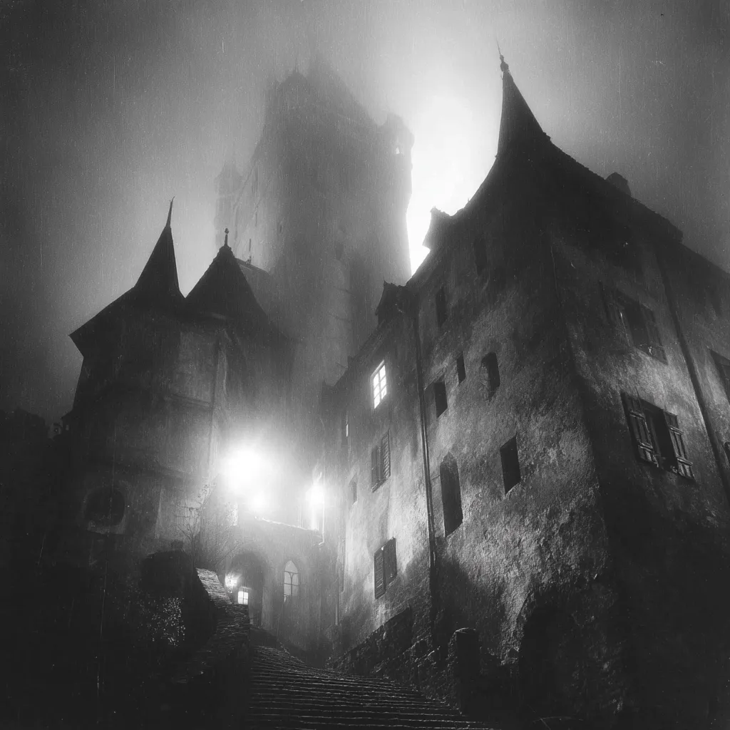 A monochrome photograph captures a castle shrouded in thick fog at night.  Stone buildings, their details softened by the mist, ascend a staircase towards a looming central tower.  The scene is dimly lit, with a single light source illuminating a section of the pathway, creating a dramatic, almost eerie atmosphere.  The overall effect is one of mystery and gothic grandeur.