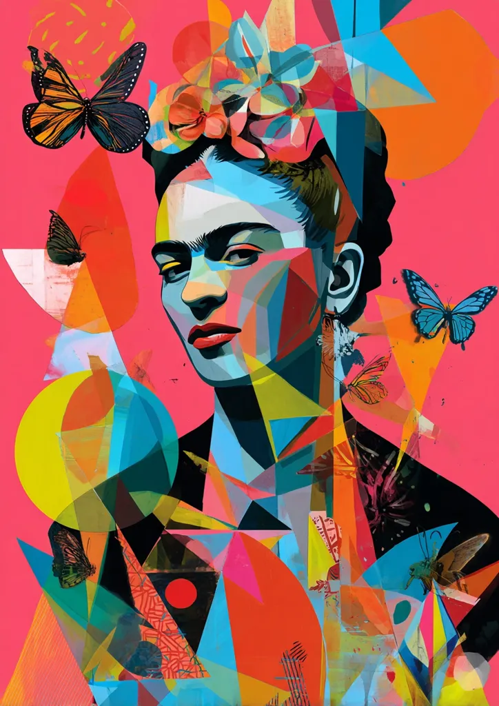 A vibrant, abstract portrait of Frida Kahlo.  Her face is rendered in bold geometric shapes and bright colors, overlaid with butterflies and floral elements.  The overall style is a collage of sharp angles and contrasting hues against a hot pink background.  The artwork combines elements of cubism and surrealism, creating a dynamic and expressive portrayal of the iconic artist.