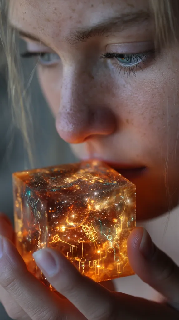 A young woman with freckles gently holds a glowing, translucent cube.  The cube's interior displays intricate circuitry and celestial patterns, emitting a warm orange light.  Her expression is one of intense focus and curiosity as she seems to examine the object closely, her nose almost touching its surface. The image evokes a sense of mystery and technological marvel.