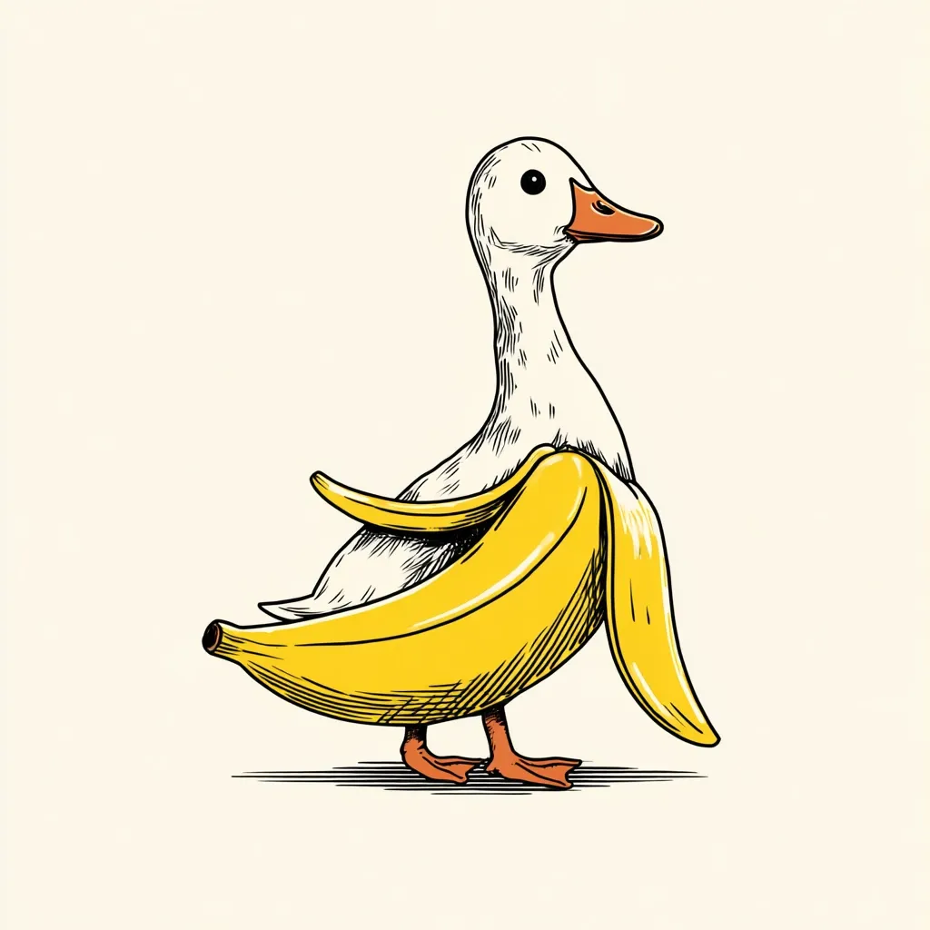 A whimsical illustration depicts a white duck adorned with a peeled banana draped over its back like a cape.  The duck stands upright, its orange feet firmly planted. The banana is vibrant yellow, contrasting with the duck's white plumage. The style is reminiscent of vintage hand-drawn artwork, with detailed hatching and linework. The overall image is humorous and quirky.