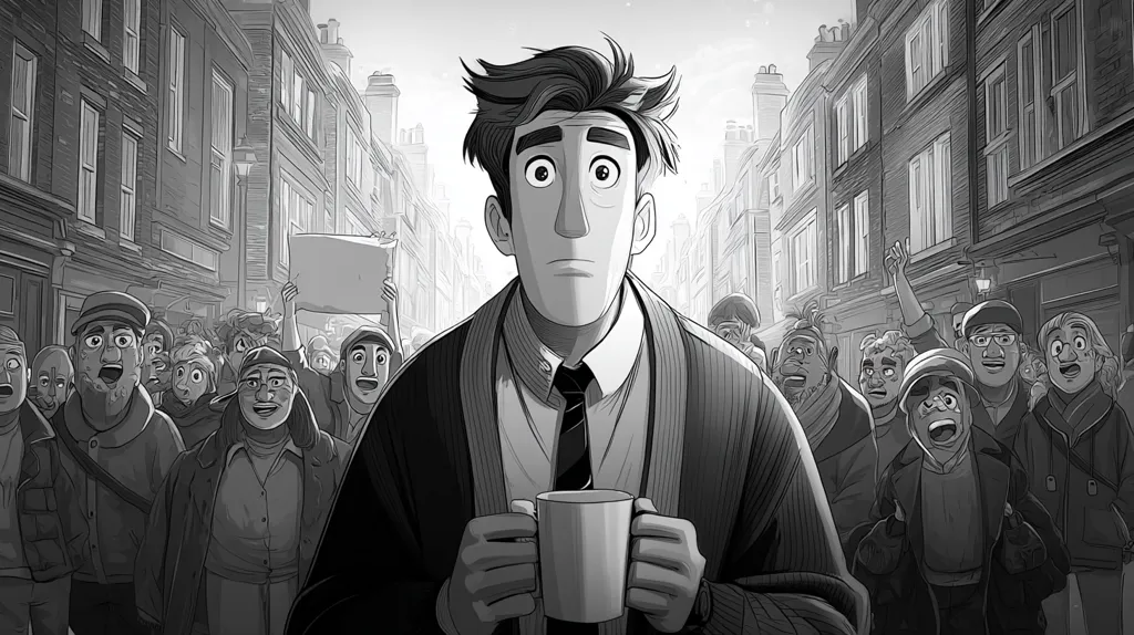 A grayscale illustration depicts a young man, centrally positioned and holding a mug, amidst a bustling street crowd. He appears contemplative, his gaze directed forward. The crowd, rendered in a sketchy style, exhibits a range of expressions, some holding signs, suggesting a protest or demonstration. The background showcases a detailed, narrow street with traditional buildings. The overall mood is one of quiet observation within a lively, potentially contentious, public setting.