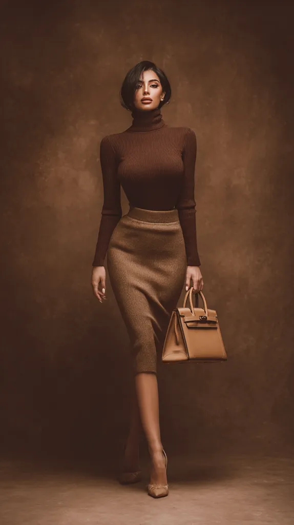 A stylish woman with short dark hair poses against a brown backdrop. She's dressed in a brown turtleneck sweater and a matching pencil skirt, complemented by nude high heels and a light brown handbag.  Her confident posture and sophisticated attire create a chic and elegant image. The overall color palette is monochromatic, enhancing the sense of refined style.