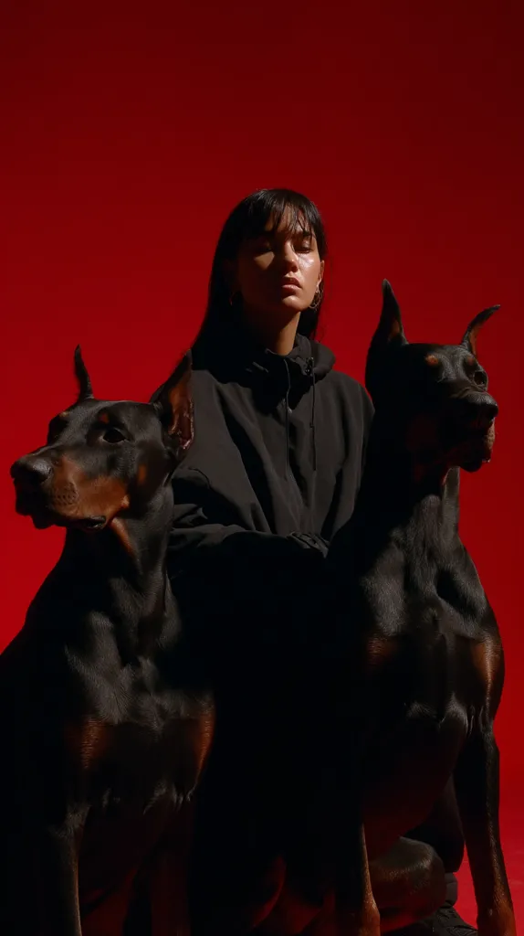A young woman with dark hair sits calmly against a vibrant red backdrop.  She's dressed in a black hoodie, her eyes closed.  Flanking her are two Doberman Pinschers, their sleek black coats contrasting sharply with the background. The overall image is striking, highlighting the contrast between the woman and her powerful canine companions. The dark and moody atmosphere adds to the image's intensity.