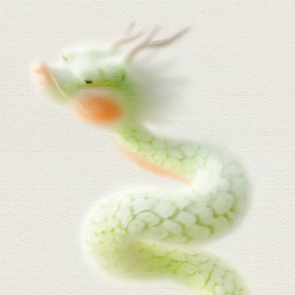 A pastel-colored, furry dragon is depicted in a soft, painterly style.  Its body curves gracefully, with hints of green and peach tones.  The dragon's head is small and features delicate horns. The overall impression is one of gentle fantasy, with a soft, ethereal quality.  The background is a subtle, textured off-white.