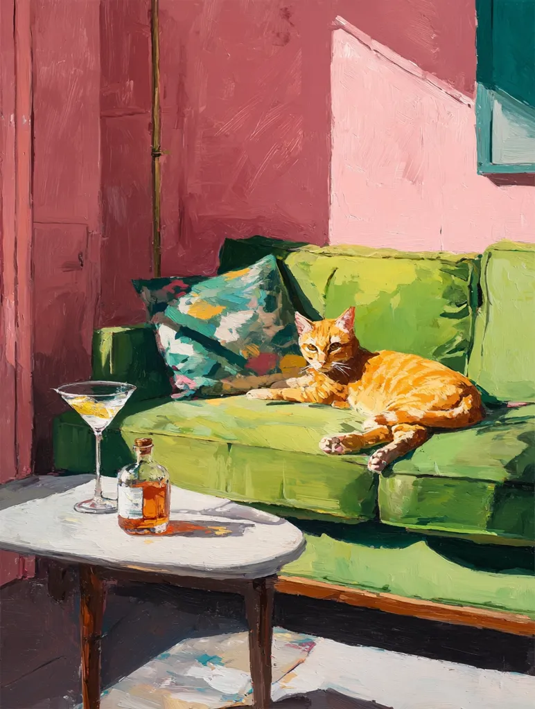 A vibrant oil painting depicts a sun-drenched room with a green couch. An orange tabby cat lounges on the couch, bathed in sunlight. A small side table holds a martini glass and a bottle, suggesting a relaxed, sophisticated atmosphere. The walls are painted in a contrasting shade of rosy pink, creating a warm and inviting scene. The artist's expressive brushstrokes add texture and depth to the image.