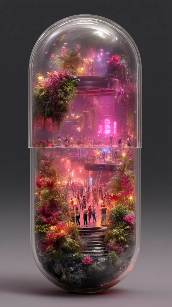 A giant transparent capsule encloses a vibrant, miniature cityscape.  Lush pink and purple flora surrounds a bustling, neon-lit street scene teeming with tiny people.  The capsule's upper half shows a rooftop party, while the lower half reveals a staircase leading down into the city's heart.  The overall effect is surreal and dreamlike, suggesting a contained, self-sufficient ecosystem of vibrant nightlife.