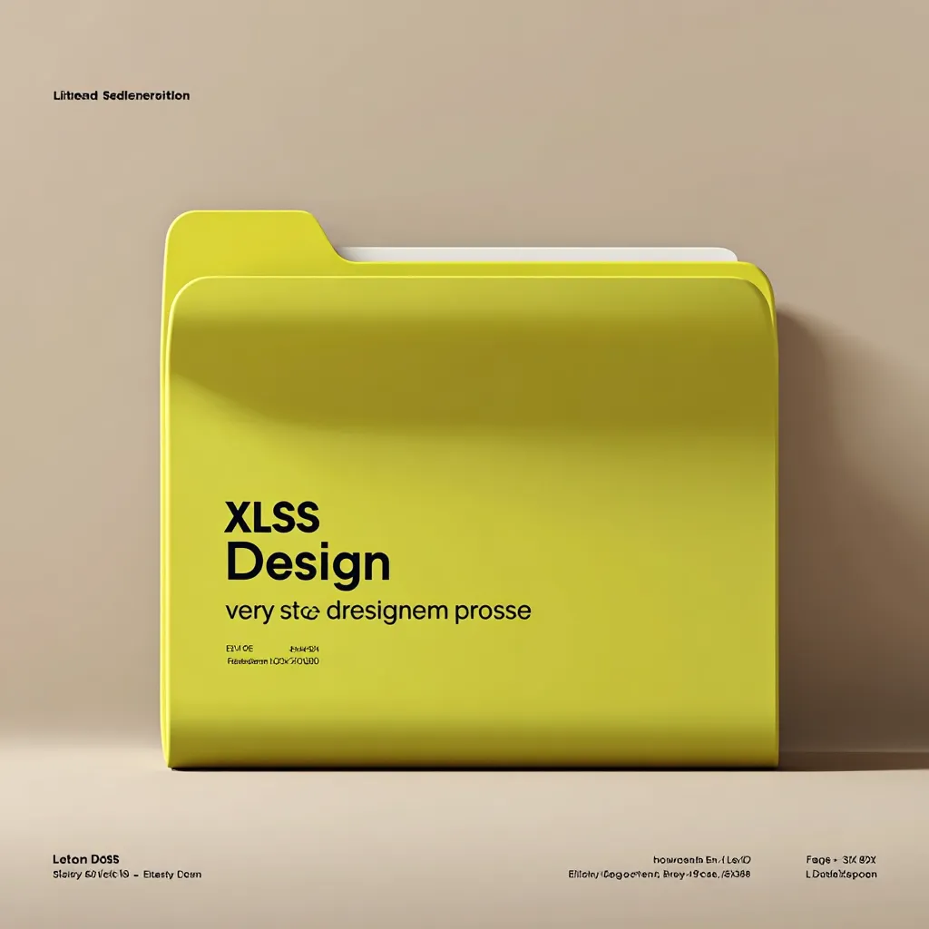A vibrant yellow folder mockup showcases "XLSS Design" with the tagline "very ste dresignem prosse."  The design is minimalist, featuring clean typography and a smooth, three-dimensional folder form against a neutral beige background.  Additional text at the bottom provides details about the creator and design specifications.