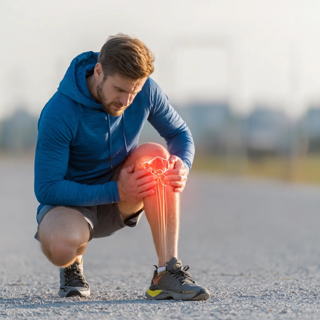 A young man in athletic wear crouches on the ground, his hands clutching his knee in pain.  A red, translucent overlay highlights the knee joint, indicating injury or discomfort. The setting appears to be outdoors, on a paved road, suggesting a possible sports-related incident. He appears to be in distress.