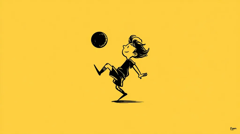 A stylized black and white illustration of a joyful child, possibly a boy, playfully kicking a soccer ball against a vibrant yellow background. The child is depicted in a dynamic pose, legs extended, showcasing a moment of carefree fun and athleticism.  The simple, bold lines and bright color create a cheerful and energetic image.
