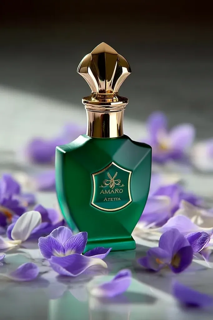 A dark green perfume bottle with a gold crown-shaped cap sits on a surface scattered with light purple flower petals. The bottle is labeled "Amaro Atetia," suggesting a sophisticated, possibly floral fragrance. The image's lighting and composition create a luxurious and elegant mood, highlighting the perfume's aesthetic appeal.