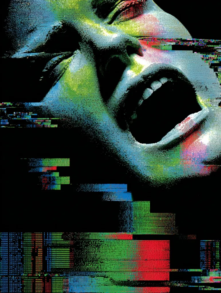 The image is a stylized close-up of a person's face, seemingly distorted or glitching.  The individual's mouth is open in a scream, eyes wide, and the overall palette is a vibrant, unnatural mix of greens, blues, and reds.  The effect is reminiscent of a corrupted digital image or a television screen with severe static interference. The black background accentuates the colorful distortions.
