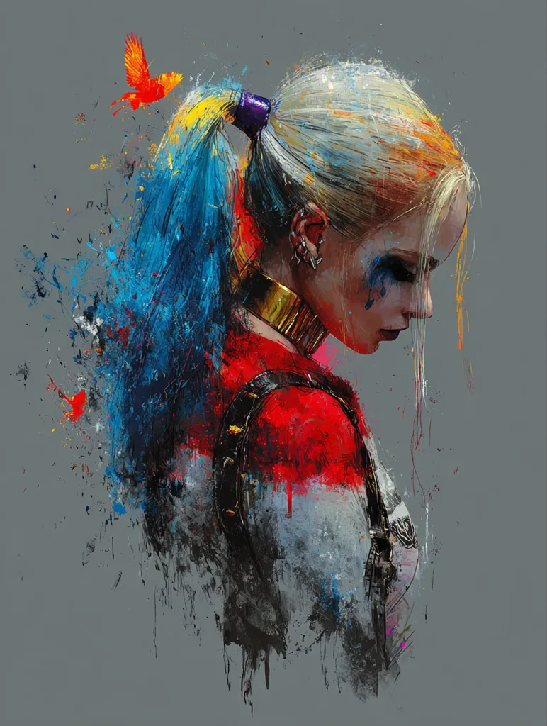A vibrant, abstract portrait of Harley Quinn is depicted.  Her iconic two-toned hair, styled in a ponytail, is splashed with vivid colors.  The style is expressionistic, with bold brushstrokes and paint splatters creating a dynamic, energetic feel.  A small orange bird is subtly included, adding to the whimsical nature of the piece.  The overall effect is one of chaos and beauty, capturing the character's essence.