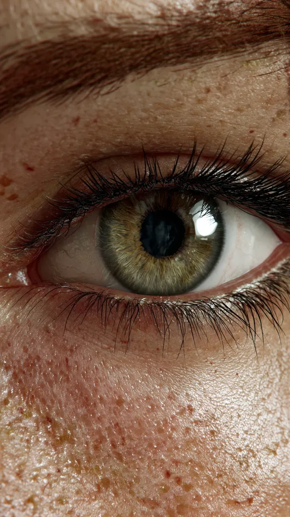A close-up shot of a person's eye, showcasing a hazel iris with a dark pupil.  The surrounding skin displays numerous freckles and a fine texture.  Long, dark eyelashes frame the eye, and a softly arched eyebrow sits above.  The overall image is sharply focused, emphasizing the details of the eye and skin.