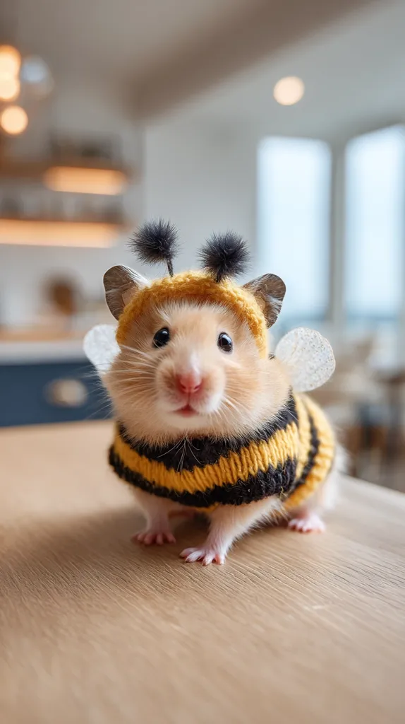A fluffy hamster sits on a light brown wooden table, dressed in a meticulously crafted bumblebee costume.  The tiny knitted sweater features yellow and black stripes, complete with small, dark antennae. The hamster's expression is endearing, its small paws neatly tucked beneath it. The background is softly blurred, showing a bright, modern kitchen.
