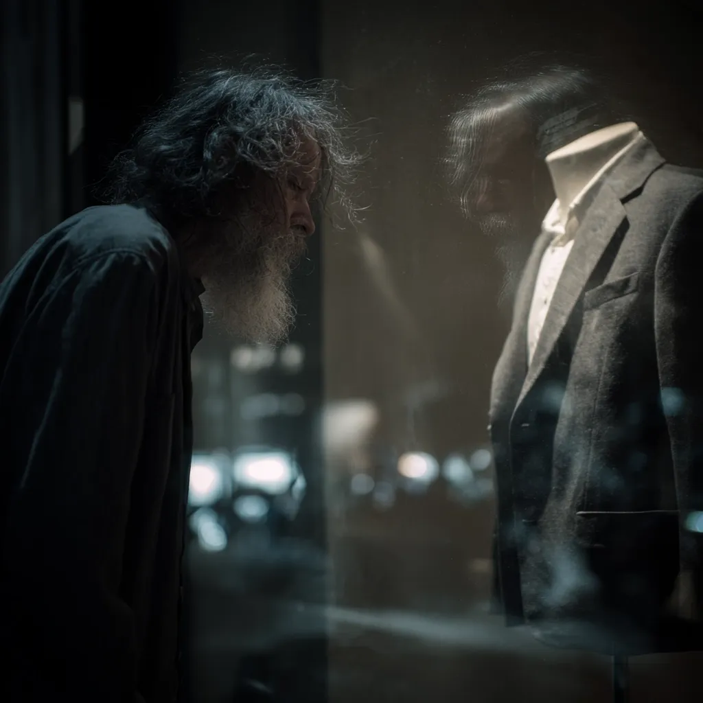 An elderly man with long gray hair and beard stands before a shop window.  His gaze is directed downward at a headless mannequin dressed in a dark gray suit, partially obscured by the glass. The scene is dimly lit, creating a moody atmosphere, with blurred lights reflecting in the window behind the mannequin. The overall image evokes a sense of contemplation or reflection.