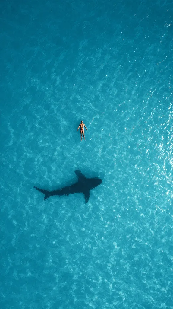An aerial view captures a person floating peacefully in crystal-clear turquoise water.  Below, the shadow of a large shark is visible on the ocean floor, creating a dramatic contrast. The scene is serene yet subtly suspenseful, highlighting the juxtaposition of human vulnerability and the ocean's powerful inhabitants.  The vibrant blue of the water dominates the image.