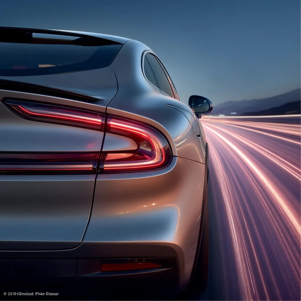 A rear view of a silver electric car speeding down a highway at dusk.  The taillights are illuminated, creating a striking contrast against the metallic body.  Light trails streak behind the car, emphasizing its speed and creating a dynamic, energetic image. The scene suggests a journey or a feeling of freedom and power.