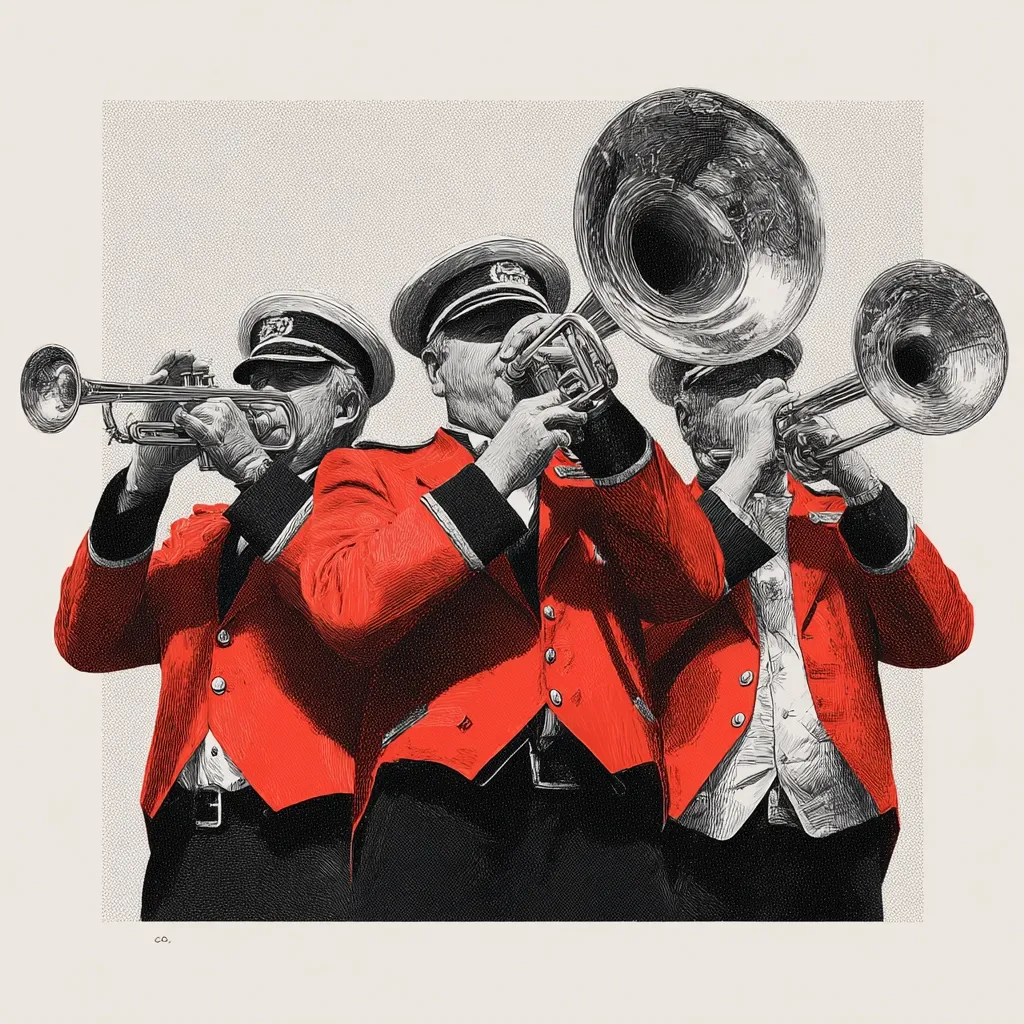 A stylized illustration depicts three brass musicians in vibrant red jackets and peaked caps.  They play trumpets and a trombone, their instruments rendered in detailed grayscale against the bold red of their uniforms. The image is a dynamic composition showcasing the energy of a musical performance, with a contrasting style that emphasizes the musicians' skill and precision.  The background is a muted gray, highlighting the focal point on the players.