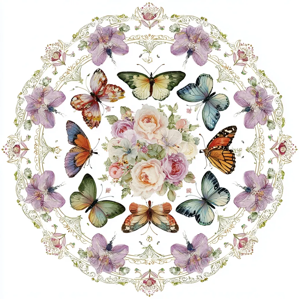 A circular design features a central bouquet of pastel roses surrounded by a variety of colorful butterflies.  The butterflies are arranged symmetrically, alternating with delicate purple flowers.  An ornate, gold-toned frame encircles the entire composition, creating a mandala-like effect on a white background. The image evokes a feeling of delicate beauty and natural harmony.
