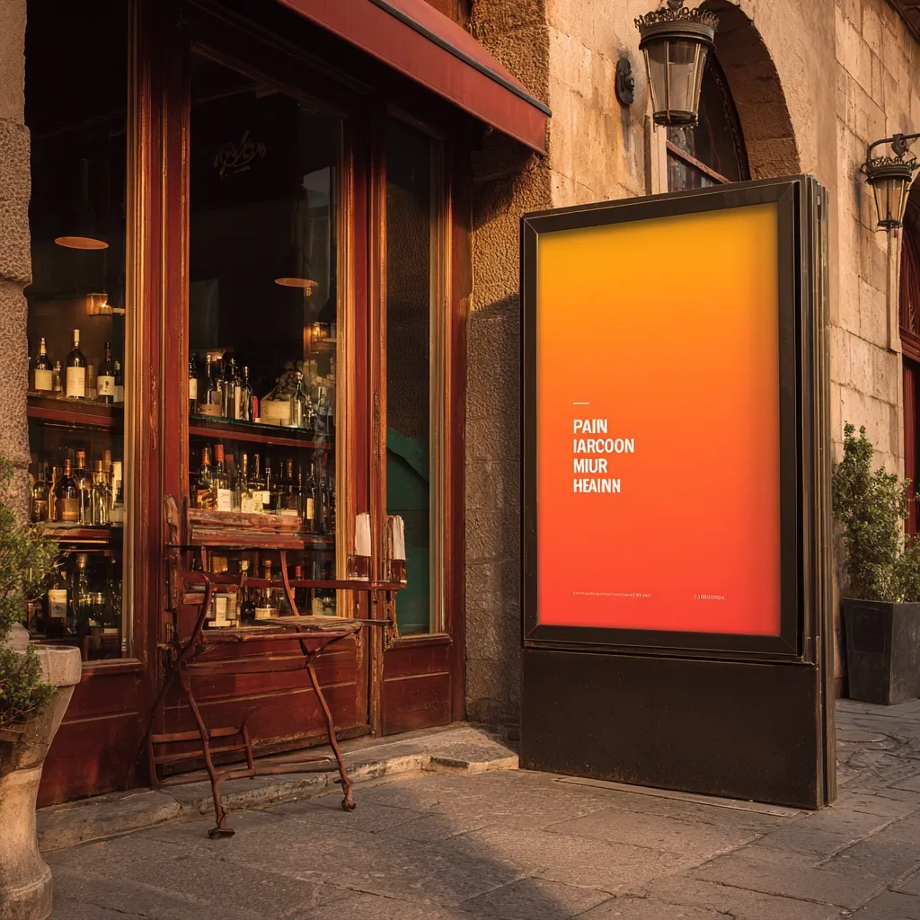 A vibrant orange advertisement stands outside a rustic wine shop. The shop's dark wood facade and display of various wine bottles create a warm, inviting atmosphere. The sign features the words "PAIN IARCOON MIUR HEAINN" in white, adding a mysterious element. The scene is bathed in the golden light of sunset, enhancing the overall aesthetic. The street is paved with stone, completing the picture of a quaint European setting.