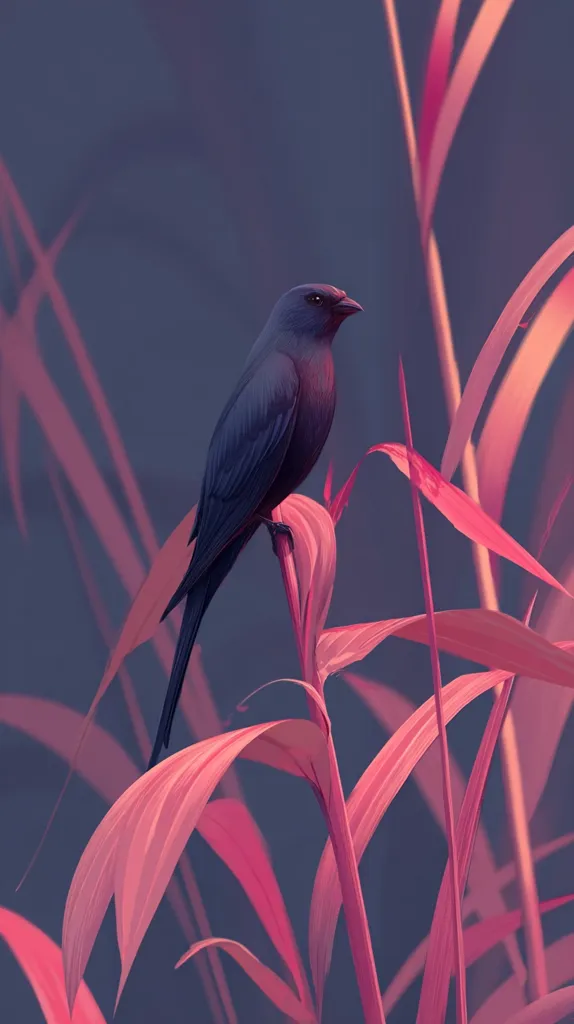 A dark-colored bird perches on a vibrant pink plant. The bird's plumage is a deep, almost black hue, contrasting sharply with the bright, almost neon pink of the plant's leaves and stems. The background is a muted, dark grayish-blue, further emphasizing the color contrast. The image has a stylized, artistic feel, possibly digitally painted, with soft, smooth textures and subtle shading.  The overall mood is serene and somewhat mysterious.