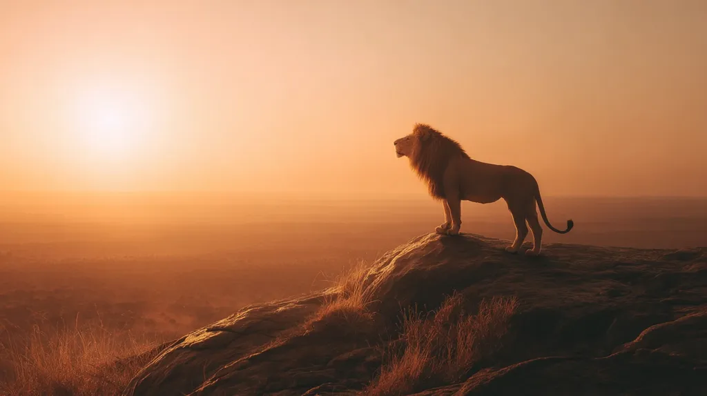 A majestic lion stands silhouetted against a vibrant sunset, perched atop a rocky outcrop overlooking a vast, golden savanna. The warm hues of the setting sun bathe the landscape in a tranquil, ethereal glow.  The lion's regal posture and the expansive view create a powerful and serene image, evoking feelings of majesty and wild beauty.