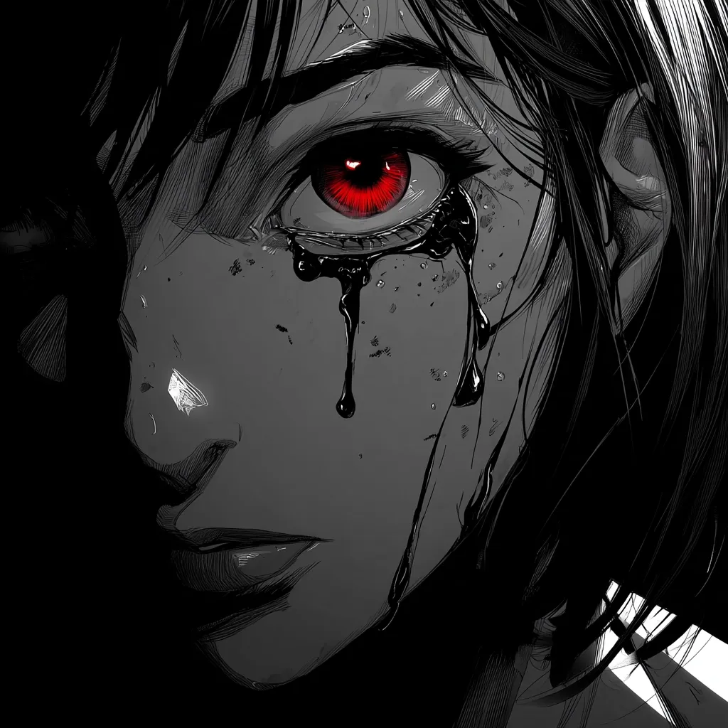 A close-up grayscale illustration depicts a young woman's face, her single visible eye glowing red.  Tears, rendered as thick, black liquid, stream down her cheek, contrasting starkly with the otherwise monochromatic palette.  The style is reminiscent of manga or graphic novel art, emphasizing dramatic lines and shading to convey intense emotion.  Her expression is one of profound sorrow or anguish.