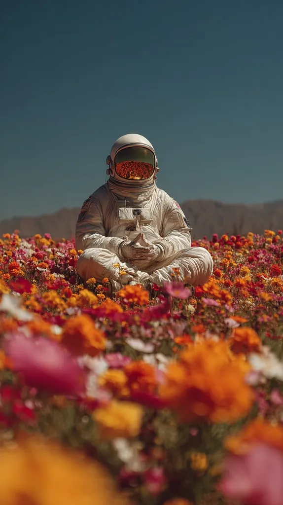 An astronaut sits cross-legged in a vibrant field of orange, red, and pink flowers under a clear blue sky.  The astronaut's helmet reflects the colorful blossoms, creating a surreal and peaceful scene.  The contrast between the technological spacesuit and the natural beauty of the flowers is striking, evoking a sense of tranquility and wonder. The image suggests a juxtaposition of exploration and nature's serenity.