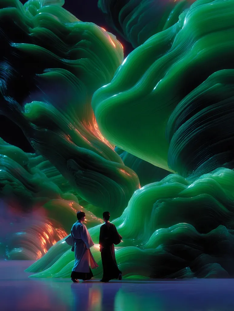 Two figures, dressed in flowing robes, stand silhouetted against a dramatic backdrop of swirling, luminous green formations.  The scene evokes a mystical, almost otherworldly atmosphere.  Warm orange light accents the green, creating a striking contrast. The smooth, undulating surfaces suggest a fluid, ethereal environment. The overall effect is one of serene beauty and subtle mystery.