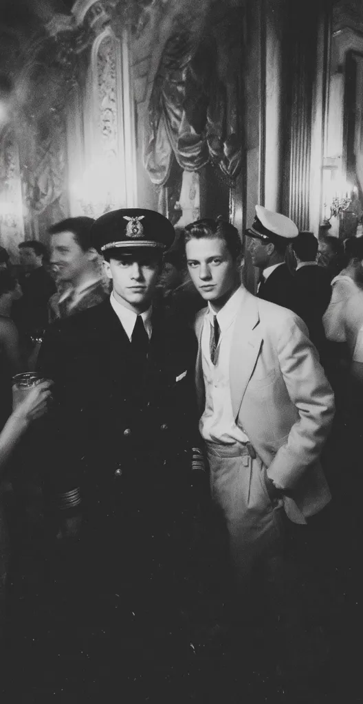A black and white photograph captures two men in formal attire, possibly at a social event.  One, in a military-style officer's cap and jacket, stands beside another in a light-colored suit and tie.  The background suggests an ornate interior, with other people blurred in the dimly lit surroundings. The image evokes a sense of elegance and perhaps a specific historical period.